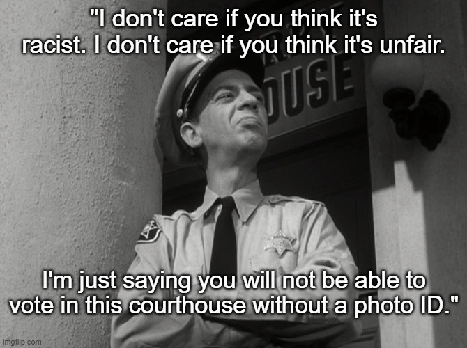 Photo ID | "I don't care if you think it's racist. I don't care if you think it's unfair. I'm just saying you will not be able to vote in this courthouse without a photo ID." | image tagged in memes,barney,funny memes | made w/ Imgflip meme maker