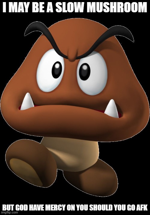 Goomba | I MAY BE A SLOW MUSHROOM BUT GOD HAVE MERCY ON YOU SHOULD YOU GO AFK | image tagged in goomba | made w/ Imgflip meme maker