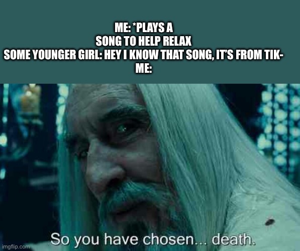Death |  ME: *PLAYS A SONG TO HELP RELAX
SOME YOUNGER GIRL: HEY I KNOW THAT SONG, IT’S FROM TIK-

ME: | image tagged in so you have chosen death,funny | made w/ Imgflip meme maker