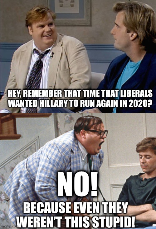 HEY, REMEMBER THAT TIME THAT LIBERALS WANTED HILLARY TO RUN AGAIN IN 2020? BECAUSE EVEN THEY WEREN’T THIS STUPID! NO! | image tagged in remember that time,chris farley | made w/ Imgflip meme maker