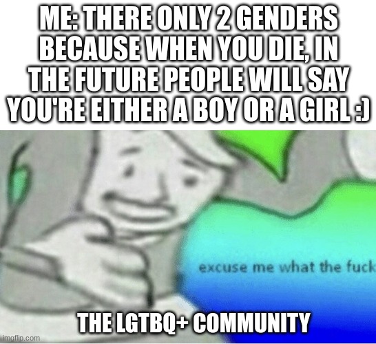 Excuse me wtf blank template | ME: THERE ONLY 2 GENDERS BECAUSE WHEN YOU DIE, IN THE FUTURE PEOPLE WILL SAY YOU'RE EITHER A BOY OR A GIRL :); THE LGTBQ+ COMMUNITY | image tagged in excuse me wtf blank template | made w/ Imgflip meme maker