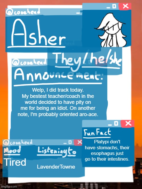 I forgot to count my 800's | Welp, I did track today. My bestest teacher/coach in the world decided to have pity on me for being an idiot. On another note, I'm probably oriented aro-ace. Platypi don't have stomachs, their esophagus just go to their intestines. Tired; LavenderTowne | image tagged in conehead's announcement template 3 0 | made w/ Imgflip meme maker