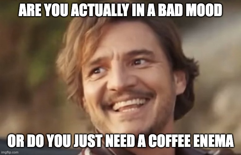 happy colon, happy life | ARE YOU ACTUALLY IN A BAD MOOD; OR DO YOU JUST NEED A COFFEE ENEMA | image tagged in pedro pascal | made w/ Imgflip meme maker