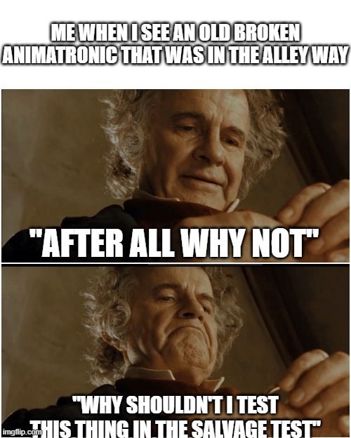 well why not, it's better to be test than just sitting around doing nothing | ME WHEN I SEE AN OLD BROKEN ANIMATRONIC THAT WAS IN THE ALLEY WAY; "AFTER ALL WHY NOT"; "WHY SHOULDN'T I TEST THIS THING IN THE SALVAGE TEST" | image tagged in bilbo - why shouldn t i keep it,fnaf,memes | made w/ Imgflip meme maker