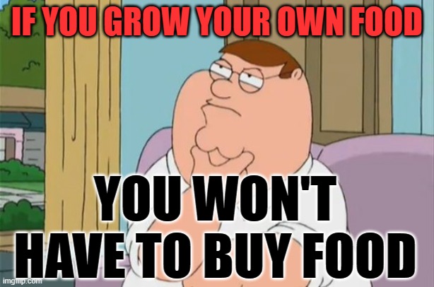 FOOD | IF YOU GROW YOUR OWN FOOD; YOU WON'T HAVE TO BUY FOOD | image tagged in peter griffin thinking | made w/ Imgflip meme maker