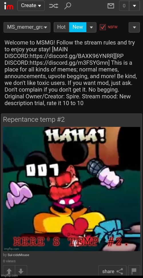 My temp with the (T E M P O R A R Y-From demand of SpaceFanatic)stream description change. | made w/ Imgflip meme maker