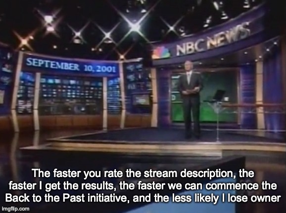 September 10, 2001 | The faster you rate the stream description, the faster I get the results, the faster we can commence the Back to the Past initiative, and the less likely I lose owner | image tagged in september 10 2001 | made w/ Imgflip meme maker
