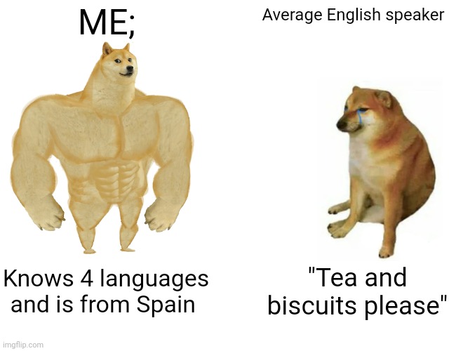 Buff dog vs cheems | ME;; Average English speaker; Knows 4 languages and is from Spain; "Tea and biscuits please" | image tagged in memes,buff doge vs cheems,meme,funny,language | made w/ Imgflip meme maker