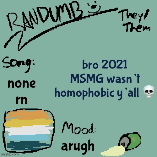 Randumb template 3 | bro 2021 MSMG wasn’t homophobic y’all 💀; none rn; arugh | image tagged in randumb template 3 | made w/ Imgflip meme maker