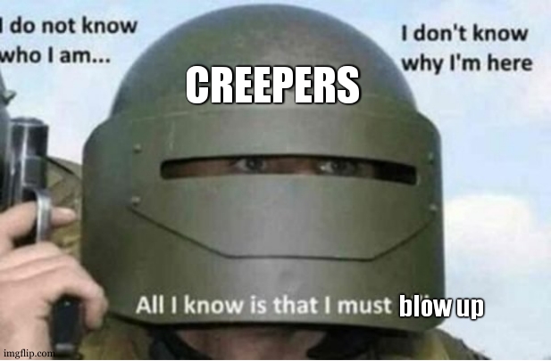 creeper.....aww men |  CREEPERS; blow up | image tagged in all i know is that i must kill bottom panel,creeper | made w/ Imgflip meme maker