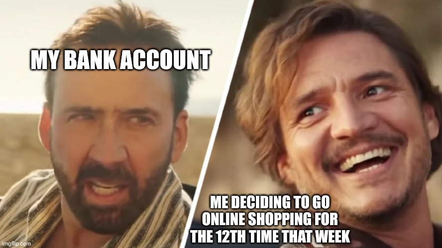 Shopping | MY BANK ACCOUNT; ME DECIDING TO GO ONLINE SHOPPING FOR THE 12TH TIME THAT WEEK | image tagged in nick cage and pedro pascal | made w/ Imgflip meme maker