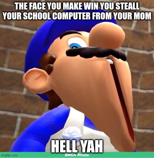 smg4's face | THE FACE YOU MAKE WIN YOU STEALL YOUR SCHOOL COMPUTER FROM YOUR MOM; HELL YAH | image tagged in smg4's face | made w/ Imgflip meme maker