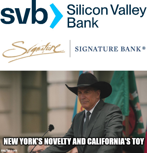 NEW YORK'S NOVELTY AND CALIFORNIA'S TOY | image tagged in yellowstone,svb bank,signiture bank,bailout,kevin costner,dutton | made w/ Imgflip meme maker