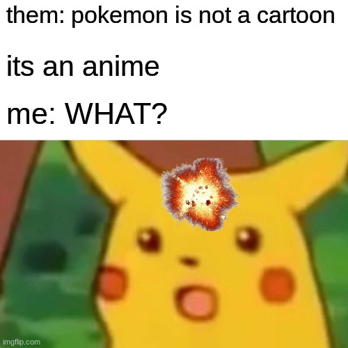 pov anime | them: pokemon is not a cartoon; its an anime; me: WHAT? | image tagged in memes,surprised pikachu | made w/ Imgflip meme maker