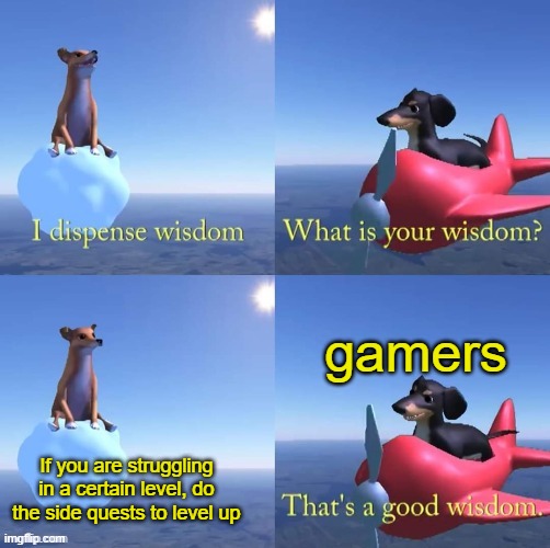 Wisdom dog | gamers; If you are struggling in a certain level, do the side quests to level up | image tagged in wisdom dog | made w/ Imgflip meme maker