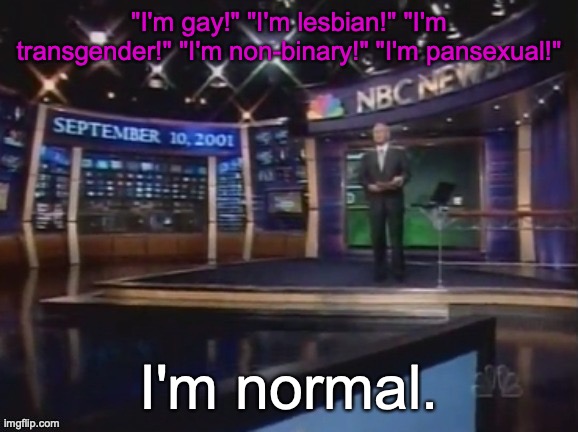 Casual homophobia to get the stream riled up so we can commence Part 2 of the BTTP Initiative | "I'm gay!" "I'm lesbian!" "I'm transgender!" "I'm non-binary!" "I'm pansexual!"; I'm normal. | image tagged in september 10 2001 | made w/ Imgflip meme maker
