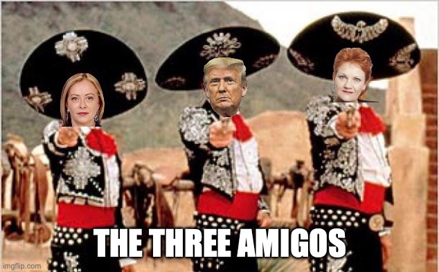 All Giorgia Meloni, Donald Trump, and Pauline Hanson should be shamed for their disgusting policies | THE THREE AMIGOS | image tagged in three amigos,meloni,trump,hanson,maga | made w/ Imgflip meme maker