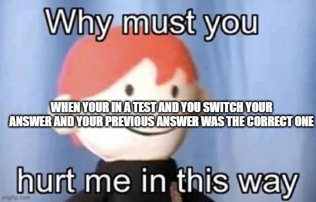 test answers | WHEN YOUR IN A TEST AND YOU SWITCH YOUR ANSWER AND YOUR PREVIOUS ANSWER WAS THE CORRECT ONE | image tagged in why must you hurt me this way | made w/ Imgflip meme maker