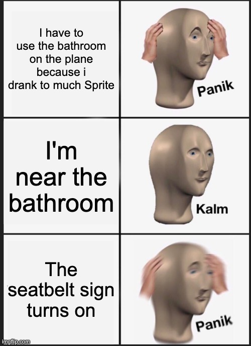 True story btw | I have to use the bathroom on the plane because i drank to much Sprite; I'm near the bathroom; The seatbelt sign turns on | image tagged in memes,panik kalm panik | made w/ Imgflip meme maker