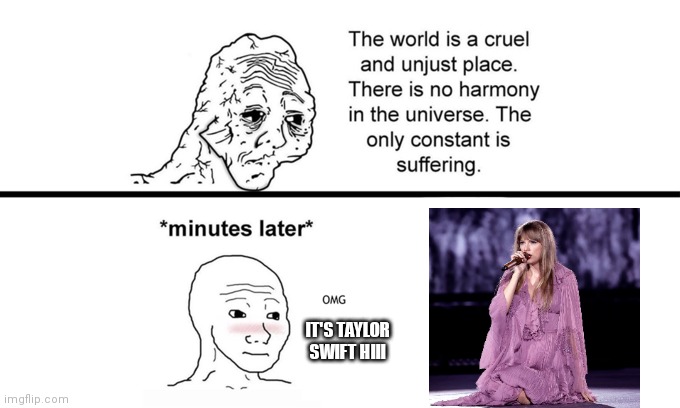 The World is a Cruel and Unjust Place | IT'S TAYLOR SWIFT HIII | image tagged in the world is a cruel and unjust place | made w/ Imgflip meme maker