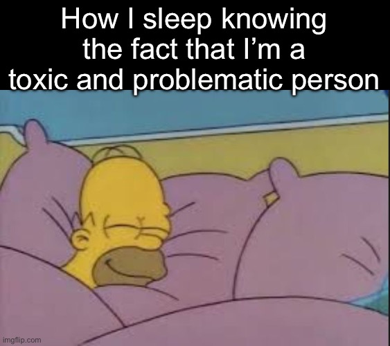 . | How I sleep knowing the fact that I’m a toxic and problematic person | image tagged in how i sleep homer simpson | made w/ Imgflip meme maker