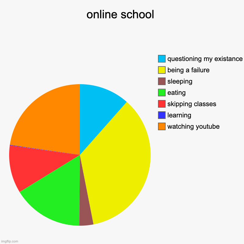 online school | watching youtube, learning, skipping classes, eating, sleeping, being a failure, questioning my existance | image tagged in charts,pie charts | made w/ Imgflip chart maker