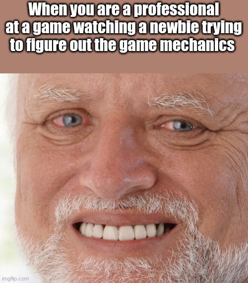 eee | When you are a professional at a game watching a newbie trying to figure out the game mechanics | image tagged in hide the pain harold,memes | made w/ Imgflip meme maker
