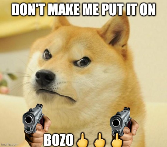 Mad doge | DON'T MAKE ME PUT IT ON BOZO??? | image tagged in mad doge | made w/ Imgflip meme maker