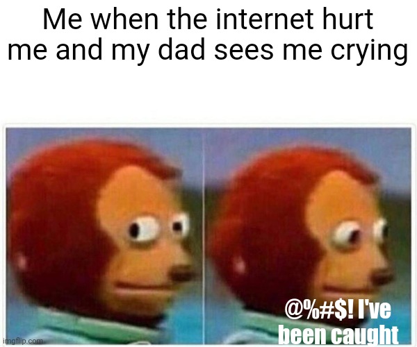 Monkey Puppet Meme | Me when the internet hurt me and my dad sees me crying @%#$! I've been caught | image tagged in memes,monkey puppet | made w/ Imgflip meme maker