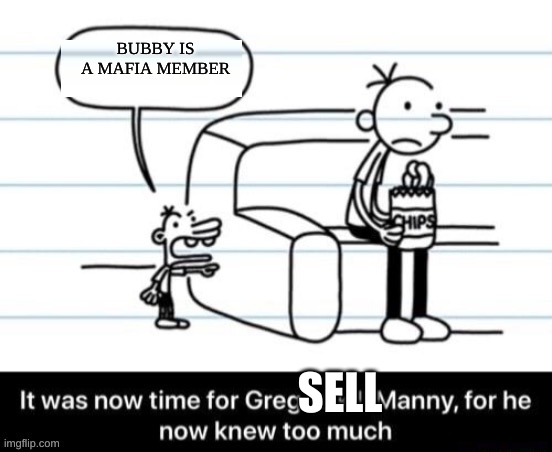 Title | BUBBY IS A MAFIA MEMBER; SELL | image tagged in it was now time for greg to kill manny for he now knew too much | made w/ Imgflip meme maker