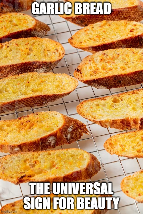 GARLIC BREAD THE UNIVERSAL SIGN FOR BEAUTY | made w/ Imgflip meme maker