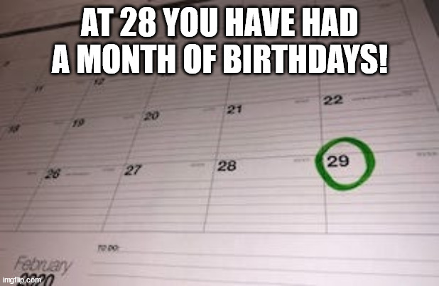 Feb 29th Leap Year Calendar | AT 28 YOU HAVE HAD A MONTH OF BIRTHDAYS! | image tagged in feb 29th leap year calendar | made w/ Imgflip meme maker