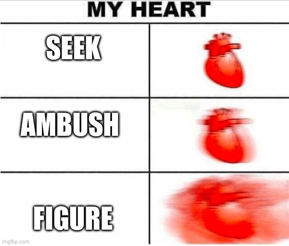 When you play doors for the first time | SEEK; AMBUSH; FIGURE | image tagged in heartbeat | made w/ Imgflip meme maker