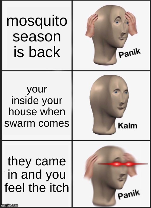 Panik Kalm Panik | mosquito season is back; your inside your house when swarm comes; they came in and you feel the itch | image tagged in memes,panik kalm panik | made w/ Imgflip meme maker