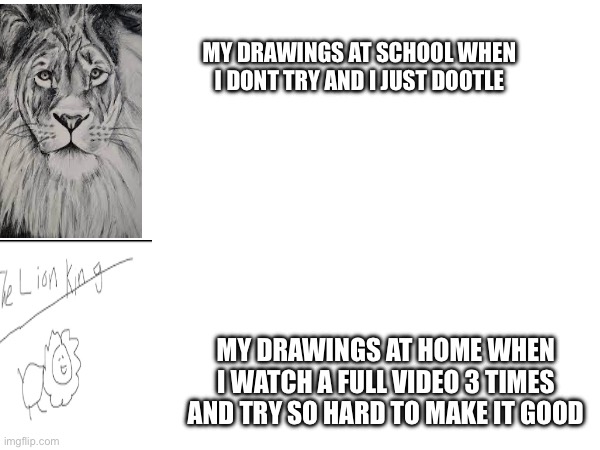 Idk why this always happens to me | MY DRAWINGS AT SCHOOL WHEN I DONT TRY AND I JUST DOOTLE; MY DRAWINGS AT HOME WHEN I WATCH A FULL VIDEO 3 TIMES AND TRY SO HARD TO MAKE IT GOOD | image tagged in drawing | made w/ Imgflip meme maker