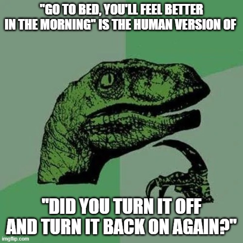 hm | "GO TO BED, YOU'LL FEEL BETTER IN THE MORNING" IS THE HUMAN VERSION OF; "DID YOU TURN IT OFF AND TURN IT BACK ON AGAIN?" | image tagged in raptor asking questions | made w/ Imgflip meme maker