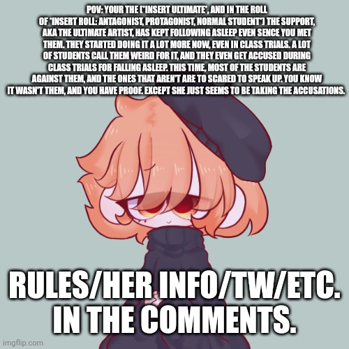 Have fun :) | POV: YOUR THE (*INSERT ULTIMATE*, AND IN THE ROLL OF *INSERT ROLL: ANTAGONIST, PROTAGONIST, NORMAL STUDENT*) THE SUPPORT, AKA THE ULTIMATE ARTIST, HAS KEPT FOLLOWING ASLEEP EVEN SENCE YOU MET THEM. THEY STARTED DOING IT A LOT MORE NOW, EVEN IN CLASS TRIALS. A LOT OF STUDENTS CALL THEM WEIRD FOR IT, AND THEY EVEN GET ACCUSED DURING CLASS TRIALS FOR FALLING ASLEEP. THIS TIME, MOST OF THE STUDENTS ARE AGAINST THEM, AND THE ONES THAT AREN'T ARE TO SCARED TO SPEAK UP. YOU KNOW IT WASN'T THEM, AND YOU HAVE PROOF. EXCEPT SHE JUST SEEMS TO BE TAKING THE ACCUSATIONS. RULES/HER INFO/TW/ETC. IN THE COMMENTS. | made w/ Imgflip meme maker