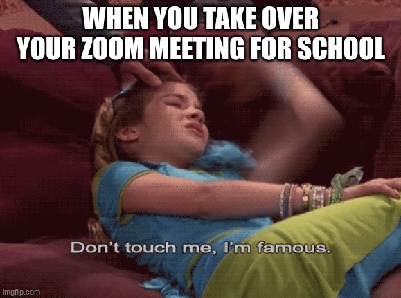 Don't Touch me I'm famous | WHEN YOU TAKE OVER YOUR ZOOM MEETING FOR SCHOOL | image tagged in don't touch me i'm famous,memes,funny | made w/ Imgflip meme maker