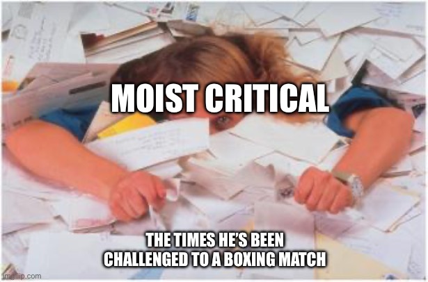 Yes(also screw sneako) |  MOIST CRITICAL; THE TIMES HE’S BEEN CHALLENGED TO A BOXING MATCH | image tagged in pile of papers,yes | made w/ Imgflip meme maker