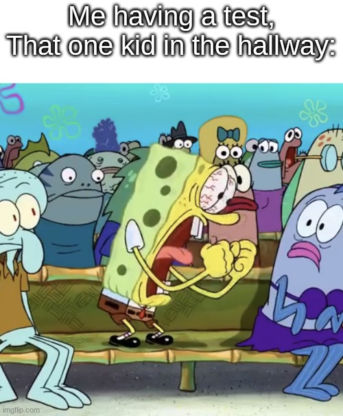 Spongebob Yelling | Me having a test,
That one kid in the hallway: | image tagged in spongebob yelling,funny memes,hahaha,oh wow are you actually reading these tags,stop reading the tags | made w/ Imgflip meme maker