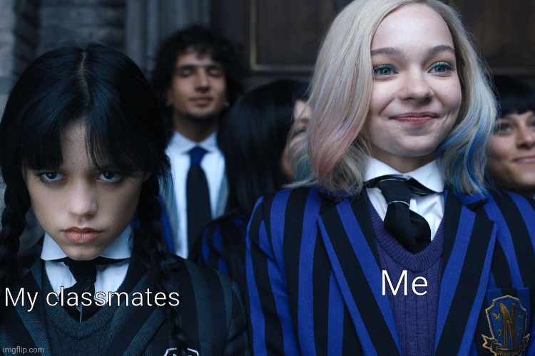 I am in online school and I'm the only one paying attention in a class connect | Me; My classmates | image tagged in wednesday and enid | made w/ Imgflip meme maker