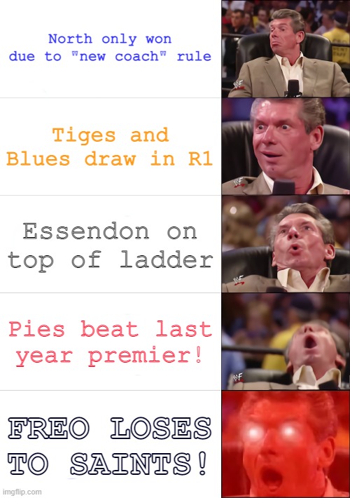 AFL Round 1 | North only won due to "new coach" rule; Tiges and Blues draw in R1; Essendon on top of ladder; Pies beat last year premier! FREO LOSES TO SAINTS! | image tagged in vince mcmahon 5 tier | made w/ Imgflip meme maker