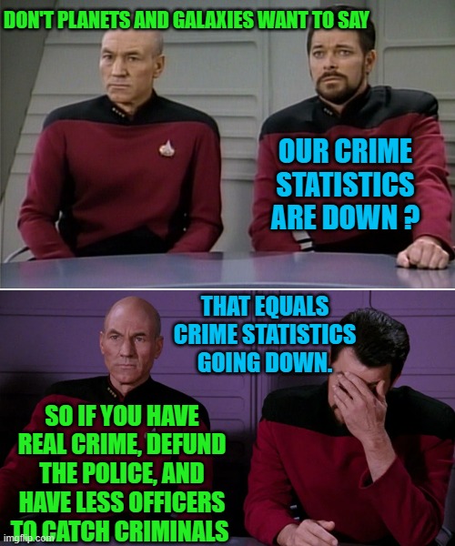 You Can Also Insert Cities And States | DON'T PLANETS AND GALAXIES WANT TO SAY; OUR CRIME STATISTICS ARE DOWN ? THAT EQUALS CRIME STATISTICS GOING DOWN. SO IF YOU HAVE REAL CRIME, DEFUND THE POLICE, AND HAVE LESS OFFICERS TO CATCH CRIMINALS | image tagged in picard riker listening to a pun,memes,politics,crime,down,oh i dont think so | made w/ Imgflip meme maker