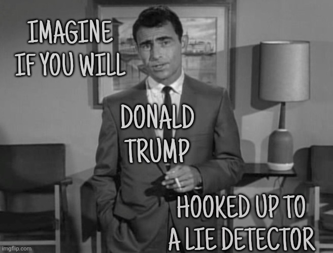 The Machine Would Probably Implode ... On Purpose | IMAGINE IF YOU WILL; DONALD TRUMP; HOOKED UP TO A LIE DETECTOR | image tagged in rod serling imagine if you will,trump lies,donald trump lies,lies trump tells,scumbag republicans,memes | made w/ Imgflip meme maker