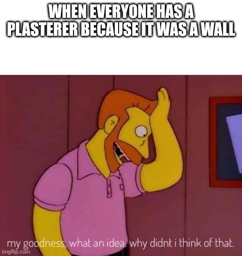 Why didn't I plaster that? | WHEN EVERYONE HAS A PLASTERER BECAUSE IT WAS A WALL | image tagged in my goodness what an idea why didn't i think of that | made w/ Imgflip meme maker