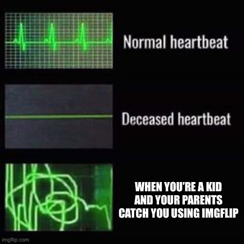 Oh no | WHEN YOU’RE A KID AND YOUR PARENTS CATCH YOU USING IMGFLIP | image tagged in heartbeat rate | made w/ Imgflip meme maker