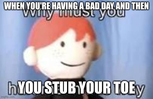 KID GINGER | WHEN YOU'RE HAVING A BAD DAY AND THEN; YOU STUB YOUR TOE | image tagged in why must you hurt me in this way,dashhopes | made w/ Imgflip meme maker