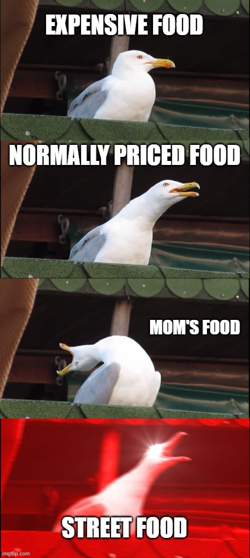 Inhaling Seagull Meme | EXPENSIVE FOOD; NORMALLY PRICED FOOD; MOM'S FOOD; STREET FOOD | image tagged in memes,inhaling seagull | made w/ Imgflip meme maker
