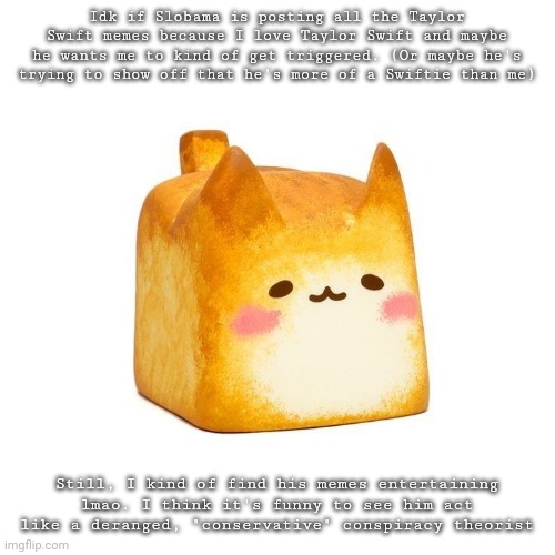Catbread | Idk if Slobama is posting all the Taylor Swift memes because I love Taylor Swift and maybe he wants me to kind of get triggered. (Or maybe he's trying to show off that he's more of a Swiftie than me); Still, I kind of find his memes entertaining lmao. I think it's funny to see him act like a deranged, "conservative" conspiracy theorist | image tagged in catbread | made w/ Imgflip meme maker
