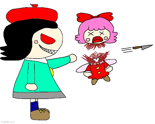 Ribbon gets murdered by the Possessed Adeleine | image tagged in kirby,gore,blood,funny,cute,parody | made w/ Imgflip meme maker